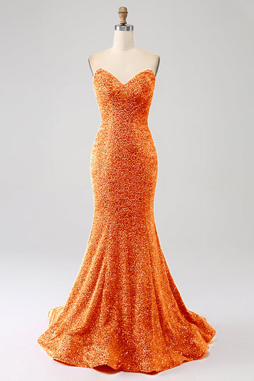 Arancione Sirena Sweetheart Sweep Train Abito da ballo con paillettes